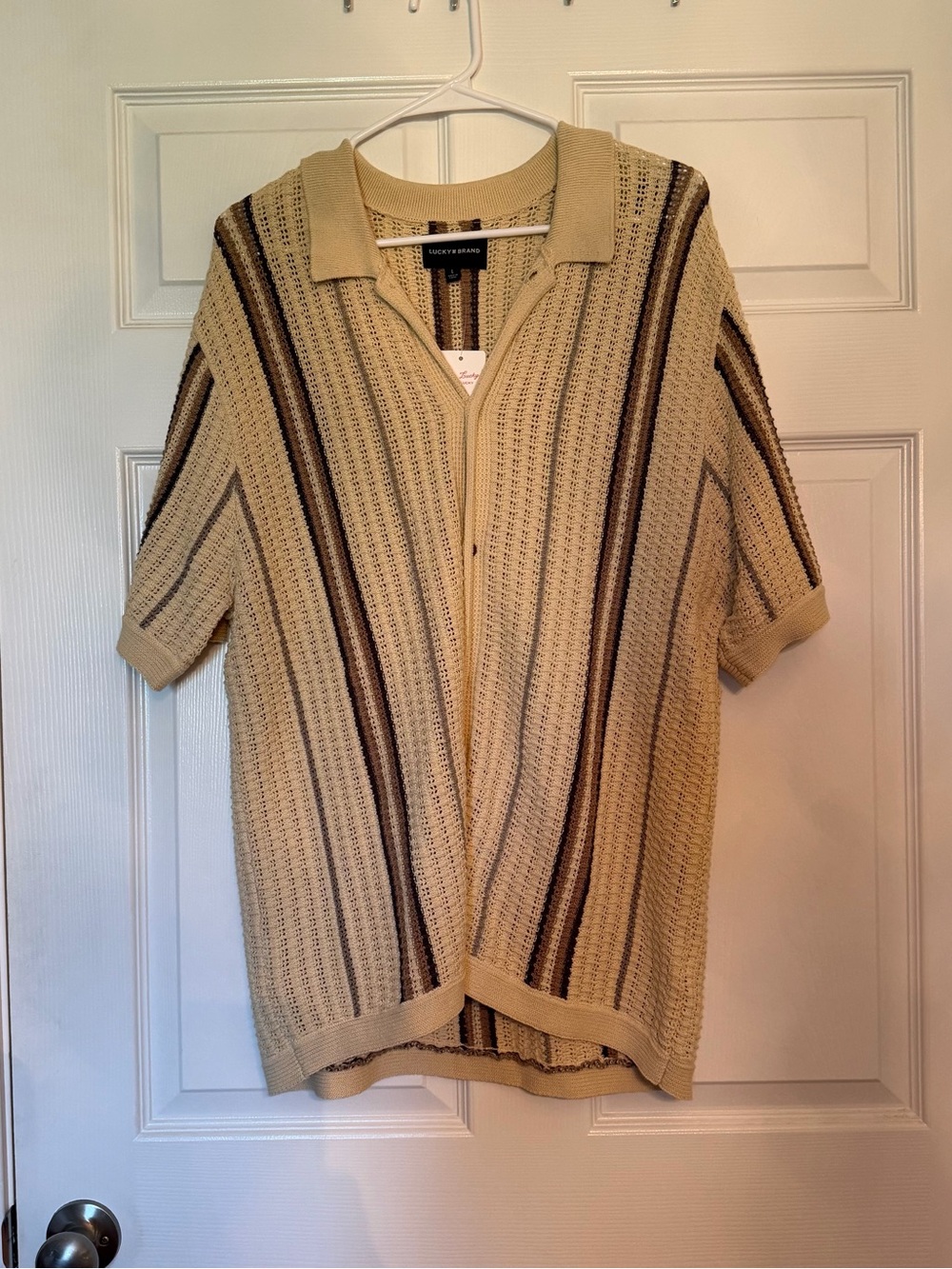 Lucky Brand Beige Short-Sleeve Knit Sweater with Brown Stripes